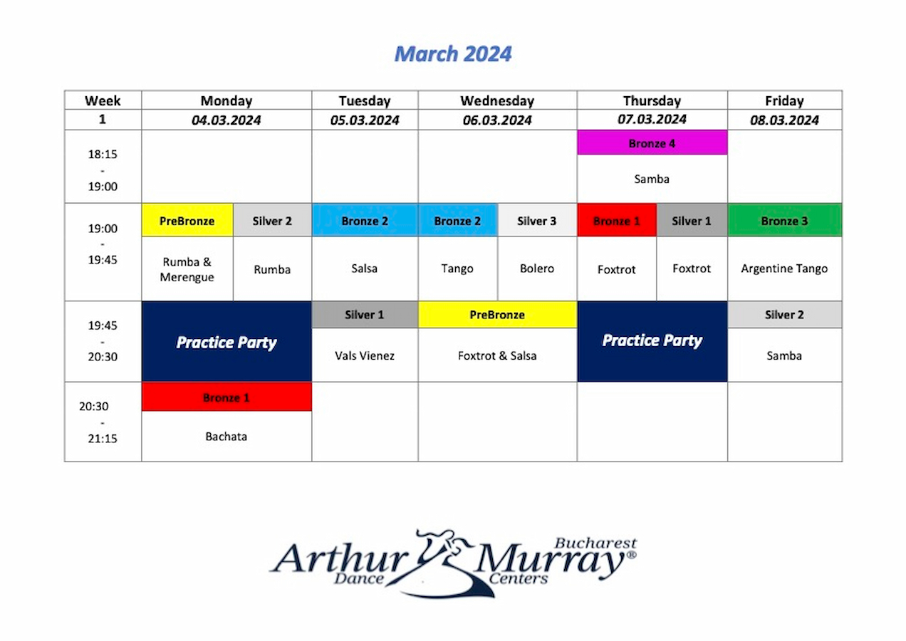 Calendarul clasei de grup Arthur Murray Bucuresti