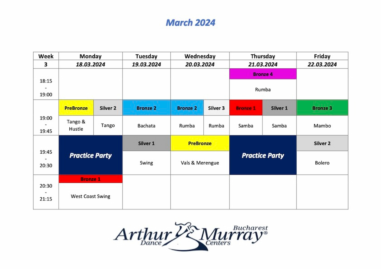 Calendarul clasei de grup Arthur Murray Bucuresti